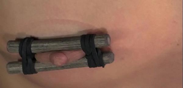  BDSM sub Mia Gold nipples clamped